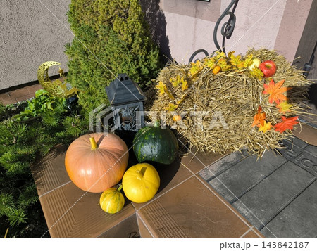 Autumn arrangement with pumpkins, hay, a lantern, and leaves Autumn arrangement with pumpkins, hay, a lantern, and leaves 143842187