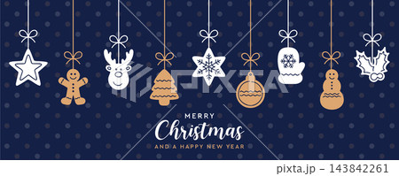 christmas card with hanging decoration on blue background vector illustration christmas card with hanging decoration on blue background vector illustration 143842261