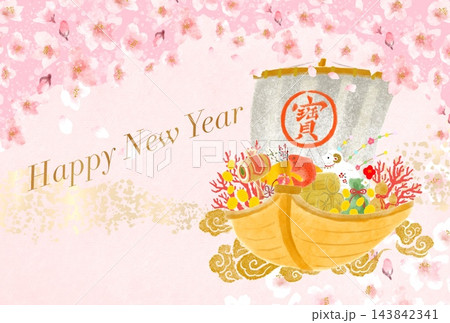 ピンク色背景に満開の桜と宝船が描かれた年賀状テンプレート 143842341