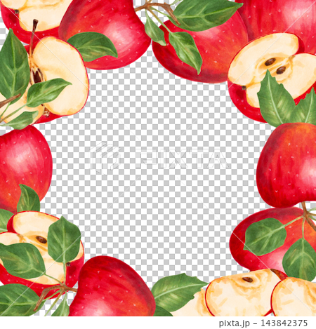 Square frame with apple, half, slices and leaves. Template with space for text. Hand-drawn watercolor illustration of fruit. Image suitable for postcard, packaging, menus, labels and autumn themes. 143842375