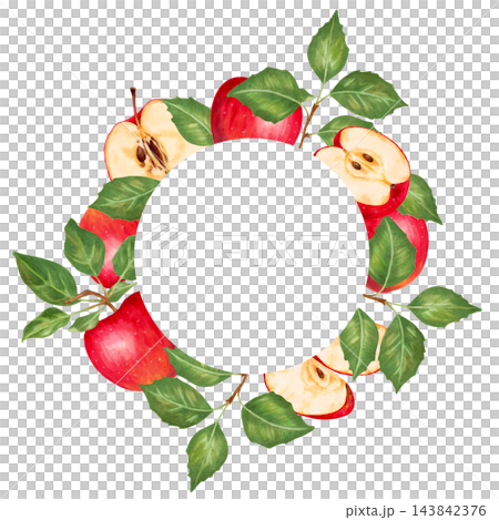 Apple fruits and halves with slices and leaves. Round frame with space for text. Watercolor hand drawn fruit illustration. Wreath for cards, packaging, printing, menu, labels, advertising and design. 143842376