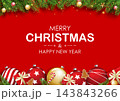 Red christmas greeting card template with fir branches gifts and ornaments decorations. 143843266
