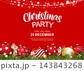 Christmas party invitation banner on red background fir branches decorations with bokeh lights and ornaments. 143843268