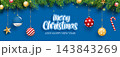 Blue christmas background and happy new year template with hanging balls and fir branches. 143843269