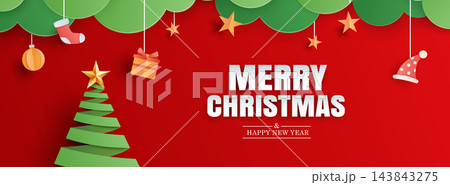 Merry christmas and happy new year paper art style banner template with christmas tree and decorations. Merry christmas and happy new year paper art style banner template with christmas tree and decorations. 143843275