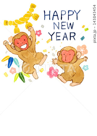2028年・令和10年　かわいい申年年賀状（手描き水彩イラスト） 143843454