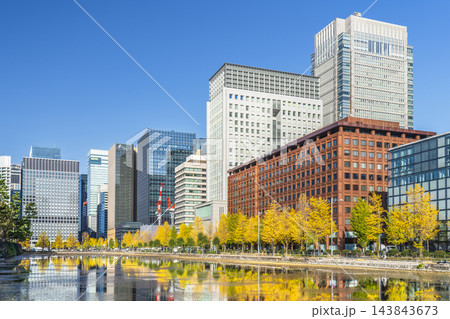 秋の東京都市風景 日比谷通りのイチョウ並木と高層ビル群【東京都・千代田区】 秋の東京都市風景 日比谷通りのイチョウ並木と高層ビル群【東京都・千代田区】 143843673