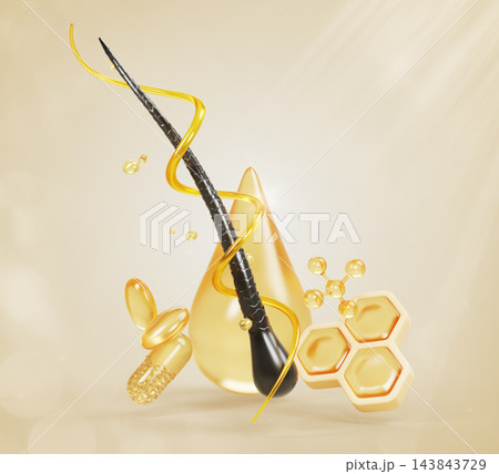 3D damaged hair follicle care with golden serum liquid vortex, argan oil drop, vitamin capsules, molecule and honeycomb cells. Nourishing cosmetic mask, repair essence, honey shampoo. 3D illustration 143843729