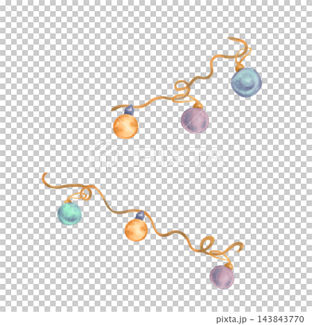 Hand-drawn watercolor illustration of Christmas garland with colorful baubles and golden ribbon. Object for greeting cards, invitations and New Year decorations for the Christmas tree. 143843770