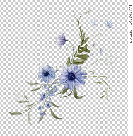 Hand painted watercolor asymmetric bouquet of blue daisies, forget-me-nots and white lace umbels with leafy stems on white, perfect for wedding cards, invitations, packaging, textiles and branding. 143843771