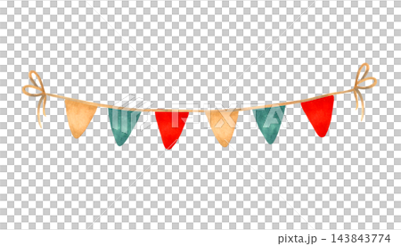 Watercolor garland with brown, red, turquoise triangular flags. Hand-drawn isolated clip art of festive ribbon. Vintage carnival garland for Christmas, New Year or baby shower invitations. 143843774