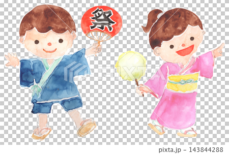 Watercolor illustration of children in yukata enjoying a summer festival Watercolor illustration of children in yukata enjoying a summer festival 143844288
