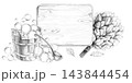 A tub of soap bubbles and a bath broom set against a wooden board, rendered as a pencil illustration. Suitable for bath complexes, spa centers, massage studios, and manufacturers of natural cosmetics. 143844454