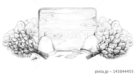 A set of sauna whisks and hats, rendered as a pencil illustration. Suitable for bathhouse complexes, spa centers, massage studios, manufacturers of natural cosmetics, and travel agencies. A set of sauna whisks and hats, rendered as a pencil illustration. Suitable for bathhouse complexes, spa centers, massage studios, manufacturers of natural cosmetics, and travel agencies. 143844455