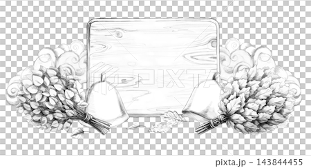 A set of sauna whisks and hats, rendered as a pencil illustration. Suitable for bathhouse complexes, spa centers, massage studios, manufacturers of natural cosmetics, and travel agencies. A set of sauna whisks and hats, rendered as a pencil illustration. Suitable for bathhouse complexes, spa centers, massage studios, manufacturers of natural cosmetics, and travel agencies. 143844455