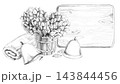 Two bath brooms in a wooden tub, depicted in a pencil-style illustration. Suitable for bath complexes, spa centers, massage studios, manufacturers of natural cosmetics, and travel agencies. 143844456