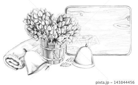Two bath brooms in a wooden tub, depicted in a pencil-style illustration. Suitable for bath complexes, spa centers, massage studios, manufacturers of natural cosmetics, and travel agencies. Two bath brooms in a wooden tub, depicted in a pencil-style illustration. Suitable for bath complexes, spa centers, massage studios, manufacturers of natural cosmetics, and travel agencies. 143844456