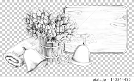 Two bath brooms in a wooden tub, depicted in a pencil-style illustration. Suitable for bath complexes, spa centers, massage studios, manufacturers of natural cosmetics, and travel agencies. Two bath brooms in a wooden tub, depicted in a pencil-style illustration. Suitable for bath complexes, spa centers, massage studios, manufacturers of natural cosmetics, and travel agencies. 143844456