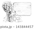 Pencil illustration of a tub with a bath broom and bubbles, set against a wooden-plank background. Suitable for the branding of woodworking workshops, bathhouse complexes, eco-farms,souvenir stalls. 143844457