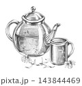 A teapot and a mug with a daisy, rendered as a pencil drawing. Perfect for websites focused on tea, healthy living, herbal medicine, or spas, as well as for greeting cards and tea labels. 143844469