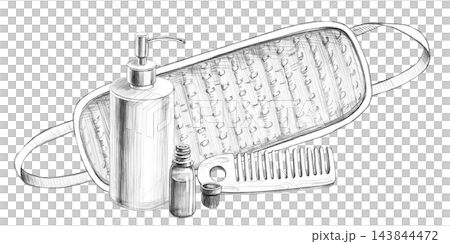 A pencil illustration featuring bath accessories. Suitable for bath complexes, eco-friendly markets, manufacturers of bath accessories, wellness centers, and beauty studios. A pencil illustration featuring bath accessories. Suitable for bath complexes, eco-friendly markets, manufacturers of bath accessories, wellness centers, and beauty studios. 143844472