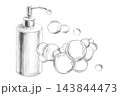 Pencil illustration of a soap dispenser. Suitable for the design of eco-friendly shops, hotels, fitness clubs, children's centers, pharmacies, packaging manufacturers, and hospitality establishments. 143844473