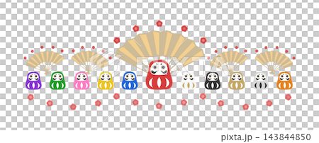 一幅慶祝插圖，描繪了 11 個達摩不倒翁、一把扇子和紅梅花。 143844850