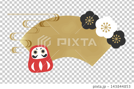 A golden fan-shaped celebratory frame illustration featuring a red Daruma doll, black and white plum blossoms, and a mist pattern. A golden fan-shaped celebratory frame illustration featuring a red Daruma doll, black and white plum blossoms, and a mist pattern. 143844853