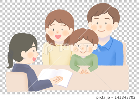 A couple and their young son receive an explanation from a woman in a suit. A couple and their young son receive an explanation from a woman in a suit. 143845702