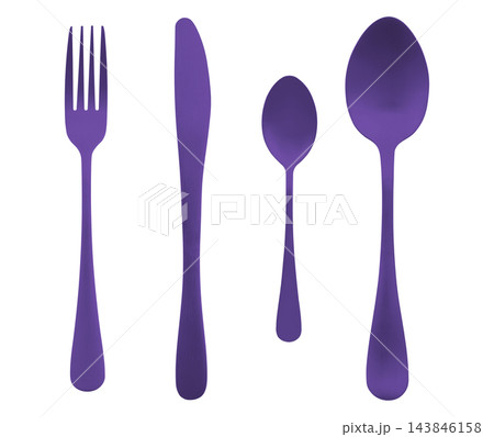 Purple flatware set isolated on white backdrop with copy space for luxury catering template 143846158