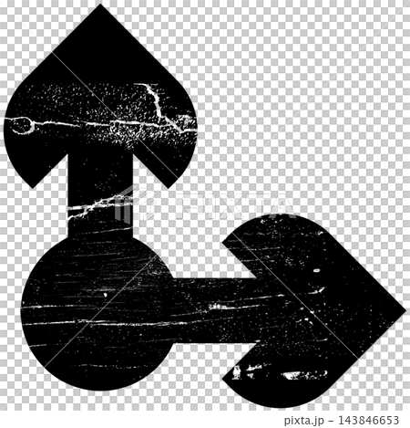 Two perpendicular pointer arrows graphic illustration with distressed Y2K grunge texture isolated on transparent background. Black direction clip art element for streetwear. Two perpendicular pointer arrows graphic illustration with distressed Y2K grunge texture isolated on transparent background. Black direction clip art element for streetwear. 143846653