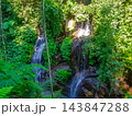 Multiple tropical waterfalls cascading through dense jungle with Balinese temple shrine in background, Bali, Indonesia 143847288
