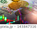 Business man on digital stock market financial indicator background. Digital business and stock market financial indicator on LED. Double exposure of business man and digital stock market financial. 143847316