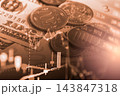 Business man on digital stock market financial indicator background. Digital business and stock market financial indicator on LED. Double exposure of business man and digital stock market financial. 143847318
