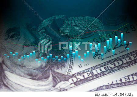 Business man on digital stock market financial indicator background. Digital business and stock market financial indicator on LED. Double exposure of business man and digital stock market financial. 143847325