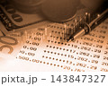 Business man on digital stock market financial indicator background. Digital business and stock market financial indicator on LED. Double exposure of business man and digital stock market financial. 143847327