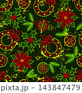 Fluorescent seamless pattern with outline Christmas icons. Randomly scattered holiday symbols, paint splatters on dark background. Grunge, graffiti like style. 143847479