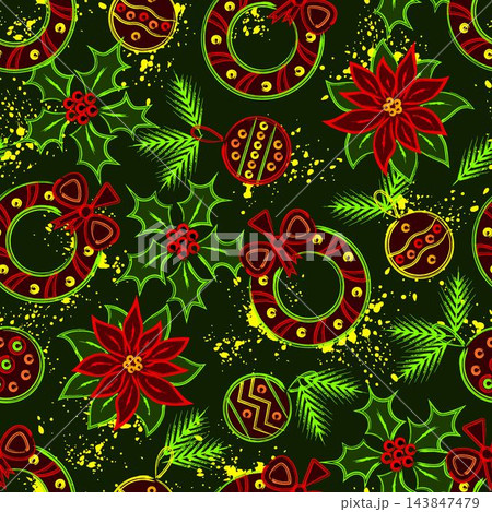 Fluorescent seamless pattern with outline Christmas icons. Randomly scattered holiday symbols, paint splatters on dark background. Grunge, graffiti like style. 143847479