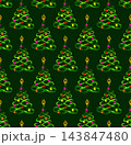 Seamless pattern with Christmas tree painted like crossed loops with grunge contour line in vibrant neon colors. Colorful baubles on tree. Geometric alternating arrangement. New year, Christmas design 143847480