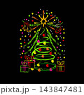 Holiday composition with spiral Christmas tree, gift boxes, garland, scattered little stars. Outline illustrations of Christmas decorations in vivid neon colors. Grunge doodle style 143847481