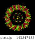 Circular composition like traditional wreath made with baubles, paint splatters, fir branch, halftone shapes. Firework explosion in center. Outline icons in grunge style. Fluorescent neon colors 143847482