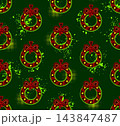 Seamless bright pattern with Christmas wreath, splattered fluorescent paint, halftone circular shape. Geometric alternating arrangement of icons. Grunge style for holiday design 143847487