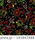 Seamless pattern with scattered Christmas symbols, stars, spray paint splatters. Contour illustrations of Santa Claus, holiday decorations in grunge style. Fluorescent neon colors. 143847488