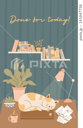 Night End of Workday. Cat Sleeping on Closed Laptop. Cozy Home Office with Completed Checklist, Workplace Freelance, Houseplant and Mug. Hygge Vector Flat Illustration. Vertical Poster with quote 143847756
