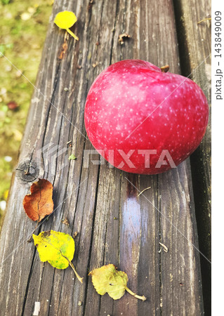 Red apple lying on rustic wooden bench with autumn leaves 143849009