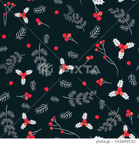 Vector seamless pattern with berries and pine branches on dark background for Christmas and winter designs 143849532