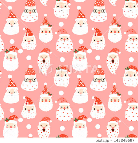 Cute seamless pattern with hipster Santa faces on pink background for Merry Christmas and Happy New Year designs and wrapping paper Cute seamless pattern with hipster Santa faces on pink background for Merry Christmas and Happy New Year designs and wrapping paper 143849697