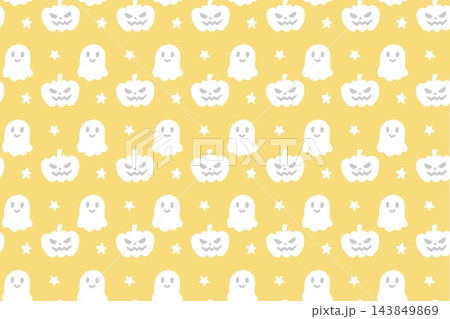 おばけとかぼちゃと星が並ぶ黄色いハロウィンのかわいい背景パターン素材 おばけとかぼちゃと星が並ぶ黄色いハロウィンのかわいい背景パターン素材 143849869