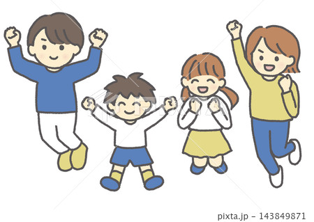 ジャンプして喜ぶ4人家族 親子 子ども 男女のカラーイラスト 　長袖 143849871