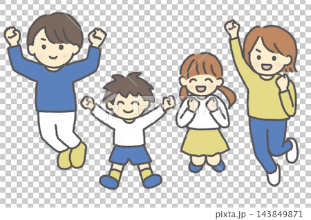 ジャンプして喜ぶ4人家族 親子 子ども 男女のカラーイラスト 　長袖 143849871